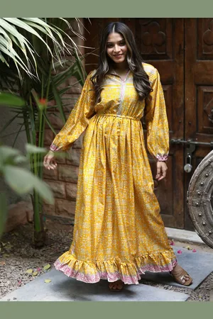 Exotic India Assorted Vintage Pure Silk Misted Yellow Victorian Date Dress