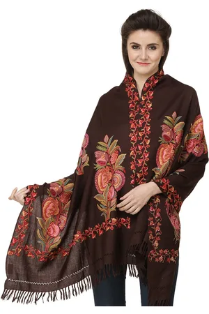 Exotic India Truffle Hand-Embroidered Bunch of Flowers Pure Wool Kashmiri Stole
