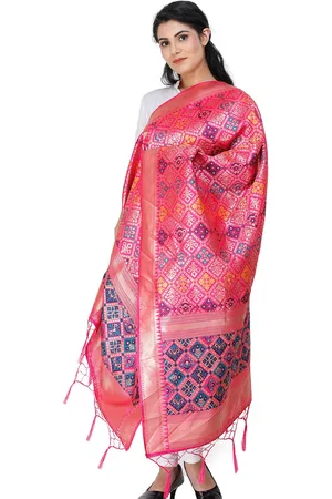 Exotic India Raspberry Sorbet Brocade Art Silk Dupatta with Multi-Color Thread Weave