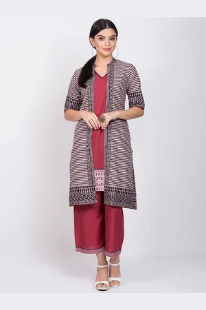 Biba Ethnic Motifs V Neck Pure Cotton Straight Kurta With Palazzos & Jacket