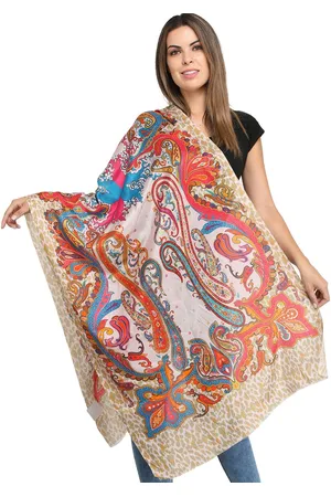 Exotic India Cameo Rose Florals and Paiselys Digital-Printed Pure Silk Stole
