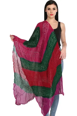 Exotic India Pink And Red Pure Chiffon Multicolored Crinkled Bandhani Tie-Dye Stole
