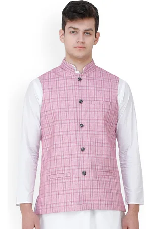 Exotic India Pastel Lavender Double Check Pattern Nehru Jacket with Front Pockets