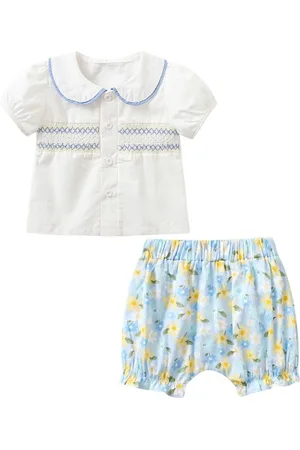 Stylecast Girls White & Blue Printed Pure Cotton Top with Shorts