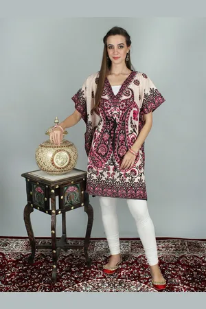 Exotic India Pink Short Kaftan with Printed Paisleys and Floral Motifs with Dori at Waist