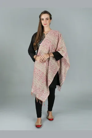 Exotic India Ginger Root Pure Cotton Ikat Weave Handloom Stole with Maroon Contrast