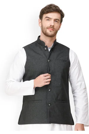 Exotic India Charcoal Gray Front Pockets Waistcoat with Woven Diagonal Stripes