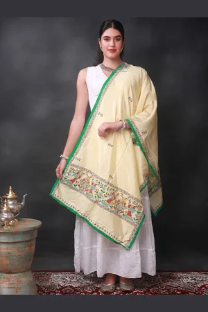 Exotic India Pale-Banana Birds and Bootis Hand-Painted Madhubani Stole
