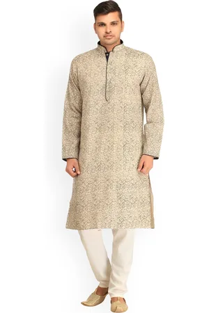Exotic India Light Gray Pure Cotton Kurta Pajama Set with Printed Paisleys and Piping