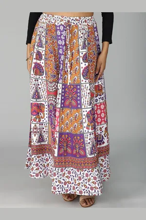 Exotic India Pure Cotton Sanganeri Long Skirt with All Over Floral-Elephant Printed Motifs