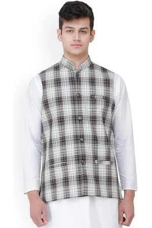 Exotic India Black and White Polywool Waistcoat with Woven Checks and Front Pockets