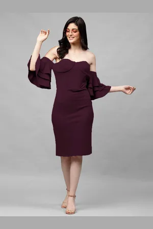 ATHENA Burgundy Off-Shoulder Bell Sleeves Sheath Dress
