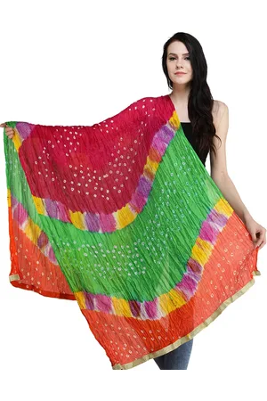 Exotic India Bandhani Multicolored Tie-Dye Crinkled Silk Dupatta with Gota Border