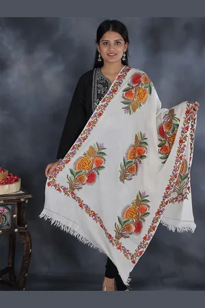 Exotic India Aari Hand-Embroidered Bouquet of Flowers Pure Wool Kashmiri Shawl