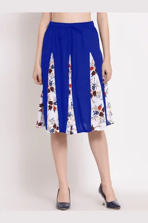PATRORNA Women Blue & White Printed Flared Skirt With Contrast Pleated Detailing