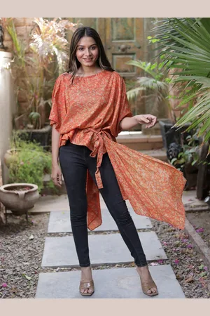 Exotic India Orange Assorted Vintage Pure Silk Drape Top