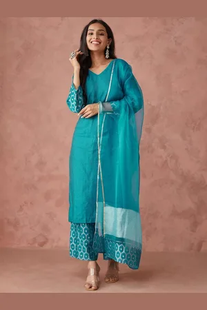Fabindia Striped Printed Woven Design V-Neck Straight Kurta With Palazzos & Dupatta
