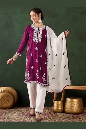MANVAA Floral Embroidered Straight Thread Work Kurta With Trousers And Dupatta
