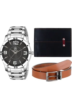 MARKQUES Men Black , Tan & Sliver-Toned Watch, Wallet And Belt Festival Combo Gift Set