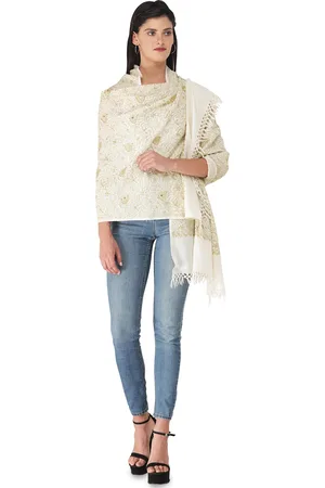 Exotic India Ivory Pure Wool Stole with Golden Wire Embroidery and Sequins