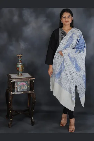 Exotic India Ivory And Blue Pure Wool Sozni Hand Embroidered Paisley Kashmiri Tusha Stole