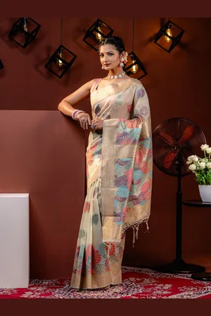 Mimosa Floral Woven Design Zari Banarasi Saree