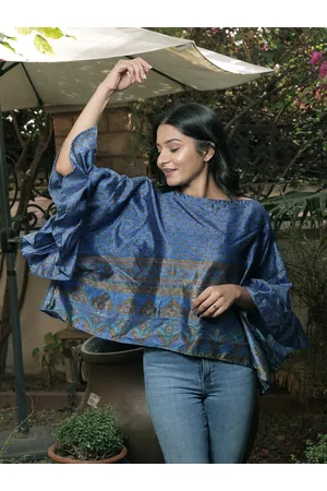 Exotic India Supersonic Vintage Pure Silk Short Top with Ruffles