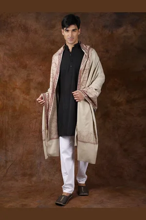 Exotic India Oyster Gray Aari Embroidered Paisleys Border Pure Wool Shawl