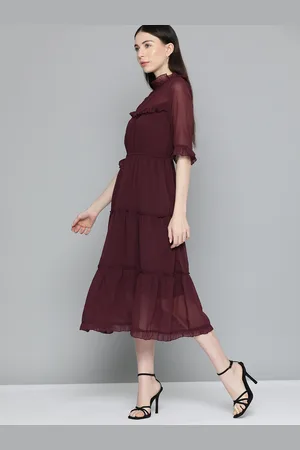 Chemistry Bell Sleeves High Neck Ruffled Tiered Fit & Flare Midi Dress