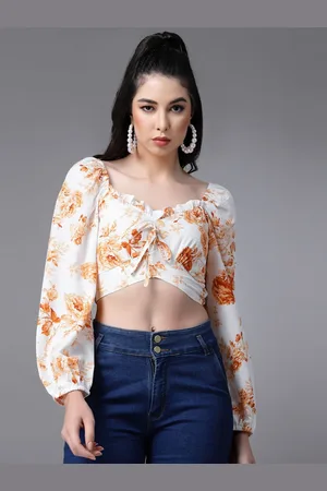 DressBerry Floral Print Sweetheart Neck Crepe Crop Top