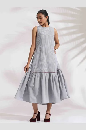 trueBrowns Women Grey Cotton Stripe Tier Dress