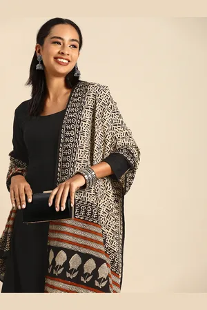 Janasya Women Black Kurta With Printed Dupatta