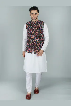 Exotic India Black Chikan Ethnic Nehru Jacket Waist Coat with Multicolor Kani Print