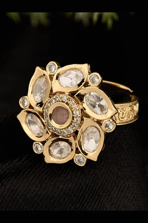 ATIBELLE Rose Gold Plated Polki Kundan Stone Studded Floral Finger Ring