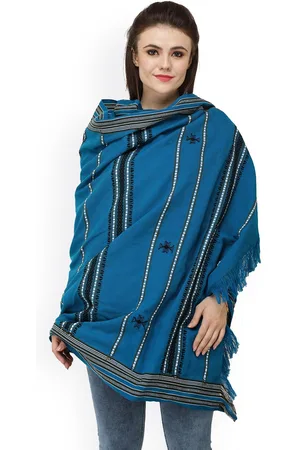 Exotic India Swedish Blue Woven Border and Thread Weave Wool Shawl