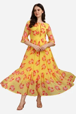 Kalini Floral Printed Bell Sleeves Gathered Maxi Dress