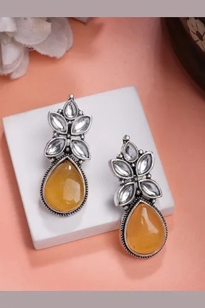 Anouk Women Yellow Artificial Stones Silver Plated Drop Earrings