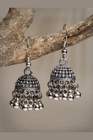 Anouk Women Silver-Toned German Silver Oxidised Dome-Shaped Jhumka Earrings