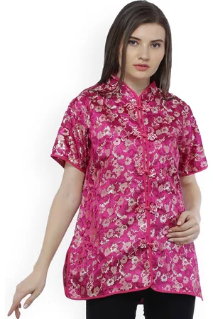 Exotic India Rasberry Rose Brocaded Cheongsam Silk Jacket with Brocade Weave