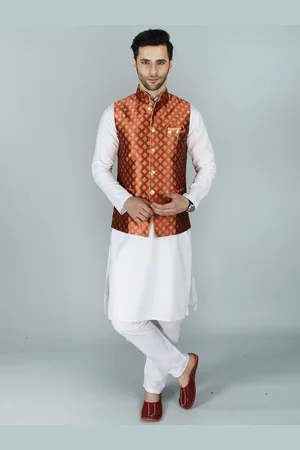 Exotic India Printed Brocade Damask Modi Nehru Jacket