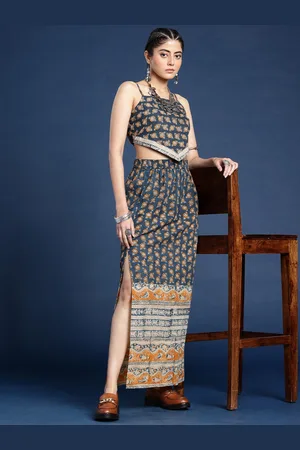 Taavi Shoulder Straps Indie-Floral Printed Kalamkari Top with Skirt