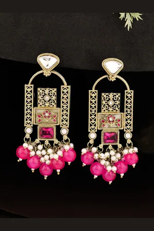 ATIBELLE Gold-Plated Kundan Studded & Beaded Floral Drop Earrings