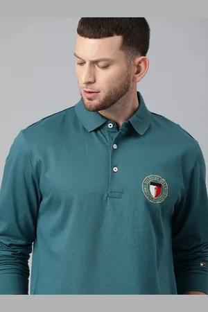 Tommy Hilfiger Men Teal Blue Self Design Polo Collar Pure Cotton T-shirt with Logo