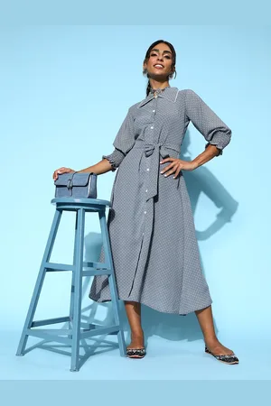 Kvsfab Women Grey Polka Dotted Statement Collar Dress