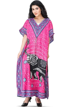 Exotic India Printed Elephant Kimono Sleeves Kaftan with Dori at Waist