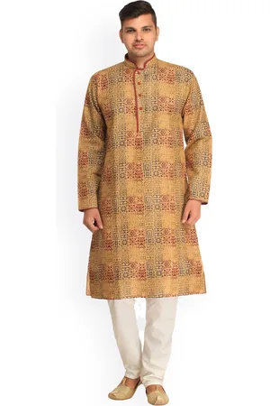 Exotic India Taos Taupe Pure Cotton Casual Kurta Pajama Set with Heiroglyphic Print