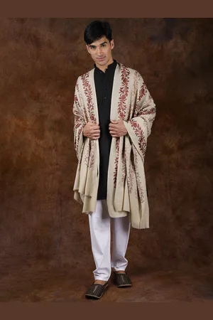 Exotic India Fog Pure Wool Aari Embroidered Floral Vines Shawl