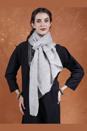 Exotic India Silver Cloud Pure Wool Plain Cashmere Ladakh Shawl and All-Over Chevron Weave