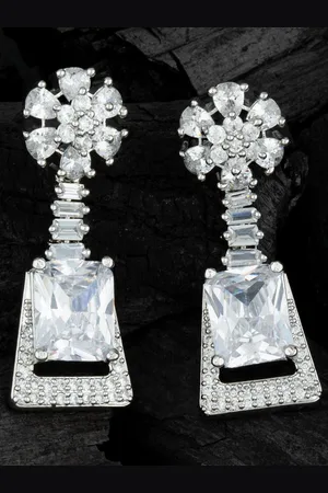 Alamod Silver-Plated CZ Studded Geometric Drop Earrings