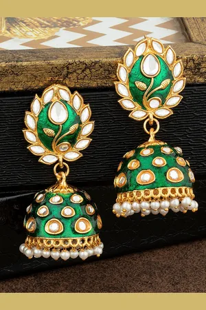 Alamod Gold-Plated Kundan Leaf Shaped Jhumkas Earrings